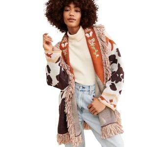 Free People Stellah Boho Fringe Western Aztec Style Belted Cardigan
